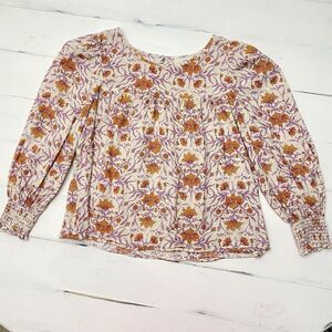 Universal Thread Blouse Womens XLarge Keyhole Neck Smocked Cuffs Floral Print